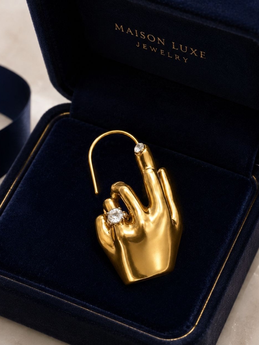 Gold Hand Sculptural Ear Cuff with Crystal - Picture 2 of 6